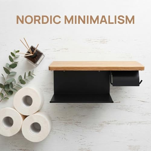 Toilet Paper Holder with Shelf - 2 Tier Wood Toilet Paper Holder Wall Mount for Bathroom, Rustic Natural Wood Double Toilet Paper Holder, Smart Bathroom Organizer with Shelf