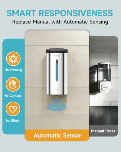 AIKE Classic Automatic Soap Dispenser,25oz for Commercial,Polished AK1205E | 5-Level Adjustable and Savety Key for Commercial(4*AA Batteries Not Included),No-drill and Screw Wall Mount for Space-Saving - color: Polished Stainless Steel