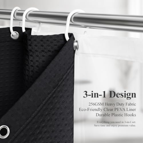 Extra Wide 3 in 1 Waffle Shower Curtain and Liner Set 108x72 Black | 108 Inch Wide, Waterproof Clear PEVA Liner, 256GSM Heavy Duty Fabric, Hotel Luxury Shower Curtains for Bathroom, 18 Hooks - color: A Black, size: 108"W x 72"L (Pack of 1)