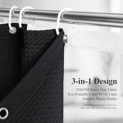 Long 3 in 1 Waffle Shower Curtain Set with Liner 72x80 Black | 80 Inch Long, Waterproof Clear PEVA Liner, 256GSM Heavy Duty Fabric, Tall Hotel Luxury Shower Curtains for Bathroom, 12 Hooks - color: A Black, size: 72"W x 80"L (Pack of 1)