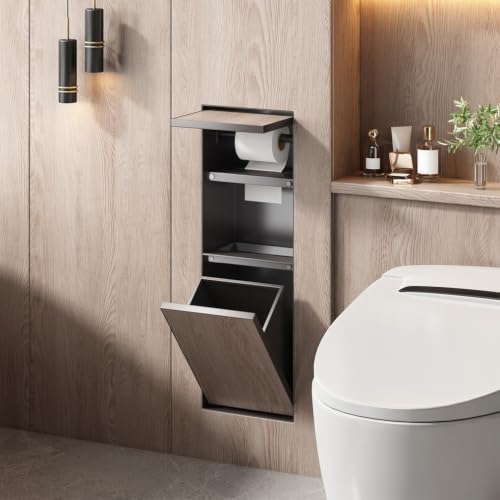 304 Stainless Steel Concealed Bathroom Storage Cabinet Recessed Toilet Paper Holder＆Hidden Garbage Bin Waterproof Metal Niche Tile-Ready for Toilet Bathroom Kitchen Hotel,B - color: B