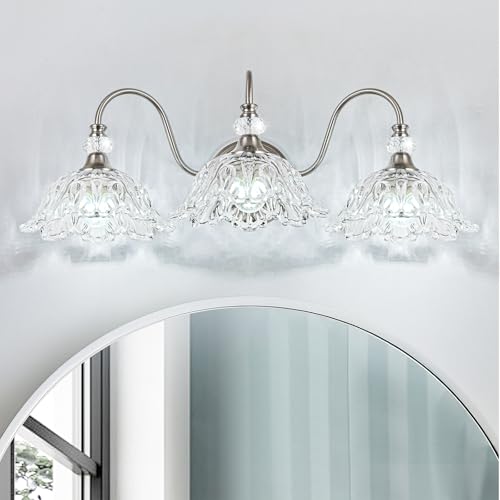 Brushed Nickel 3-Light Bathroom Vanity Light with Floral Clear Glass Shades, Brushed Nickel Wall Mount Lighting for Bathroom, Dressing Table - color: Nickel, size: 3-Light