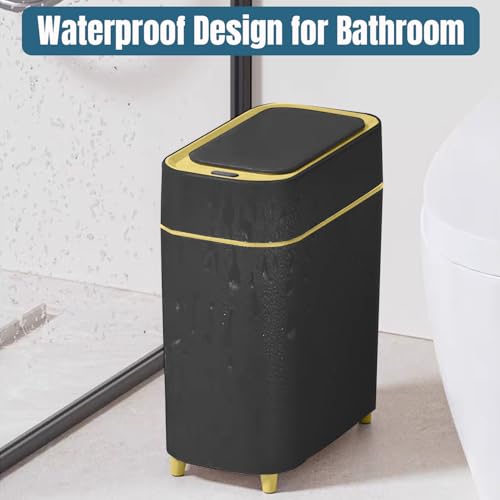 LALASTAR 2-Pack Bathroom Trash Can with Lid, Slim Motion Sensor Trash Can, Small Automatic Garbage Can Touchless, Waterproof Trash Bin for Bedroom, Office, Living Room, 2.3 Gal, Black with Gold Trim - color: Black+Gold Trim