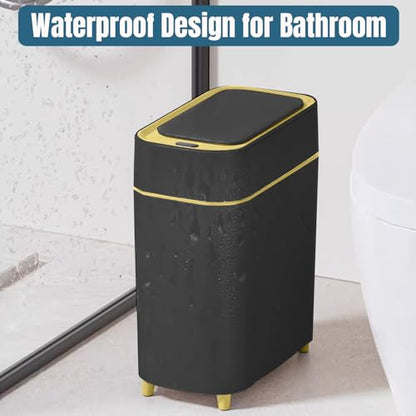 LALASTAR 2-Pack Bathroom Trash Can with Lid, Slim Motion Sensor Trash Can, Small Automatic Garbage Can Touchless, Waterproof Trash Bin for Bedroom, Office, Living Room, 2.3 Gal, Black with Gold Trim - color: Black+Gold Trim