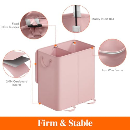 Lifewit Double Laundry Hamper with Lid and Removable Laundry Bags, Large Collapsible 2 Dividers Dirty Clothes Basket with Handles for Bedroom Laundry Room Closet Bathroom College, 136L Pink - color: Pink, size: 136L