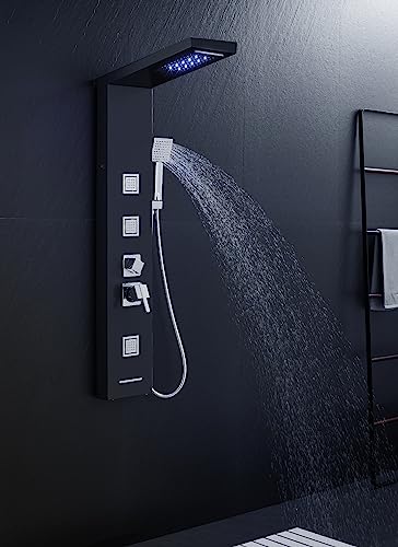 5-in-1 LED Shower Panel Tower System Stainless Steel Black | Rainfall + waterfall heads | 3 massage jets | Handheld shower | Tub spout | LED lights | Wall mount - color: Black