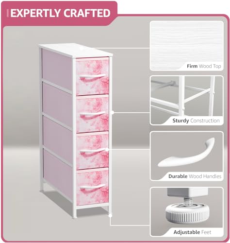 Sorbus Kids Narrow Dresser with 4 Drawers - Vertical Slim Storage Chest of Drawers with Steel Frame, Wood Top & Easy Pull Fabric Bins for Small Spaces, Closets, Bedroom, Bathroom & Laundry - color: Tie-dye Pink, style: 4 Drawer