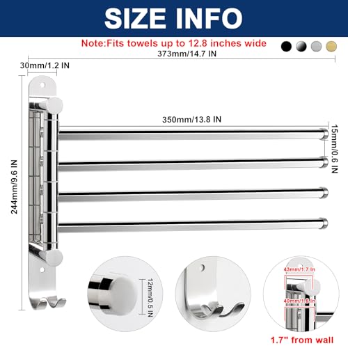 NearMoon Swivel Towel Rack, 13.8" Thicken 304 Stainless Steel 4-Arm Towel Bar, Space Saving Wall Mounted Towel Holder with Hook, Rustproof Swing Out Towel Hanger for Bathroom, Kitchen (Chrome Finish) - color: Chrome Finish, size: 13.8 Inch