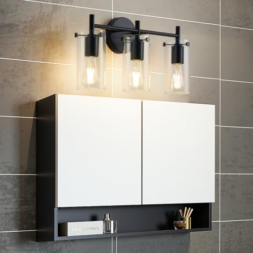 Indoi Bathroom Light Fixtures, 3-Light Matte Black Vanity Light, Black Bathroom Lights Over Mirror with Clear Glass Shade, Wall Sconces for Mirror Bedroom Living Room Hallway - color: Matte Black