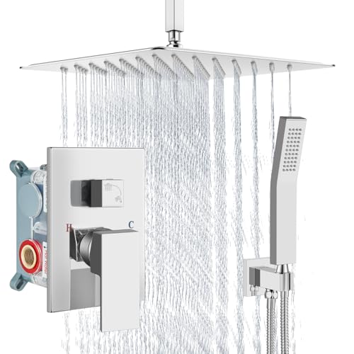 Aolemi Ceiling Shower Faucet with Handheld 16 Inch Head Polish Chrome | Shower Valve and Trim Kit,SUS304 Rain Head and Handle Set System,All Metal,Bathroom, Handheld Spray - color: Chrome, size: 16 Inch Ceiling Shower Head