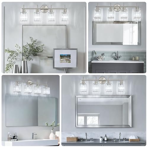 Brushed Nickel Bathroom Light Fixtures, Square, 4-Light | Vanity Lights with Crystal Shades, Modern Bathroom Lighting Fixtures over Mirror (Bulbs Not Included, E26) - color: Brushed Nickel (Square), size: 4-Light