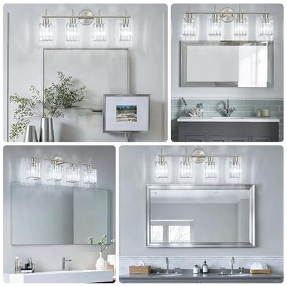 Brushed Nickel Bathroom Light Fixtures, Square, 4-Light | Vanity Lights with Crystal Shades, Modern Bathroom Lighting Fixtures over Mirror (Bulbs Not Included, E26) - color: Brushed Nickel (Square), size: 4-Light
