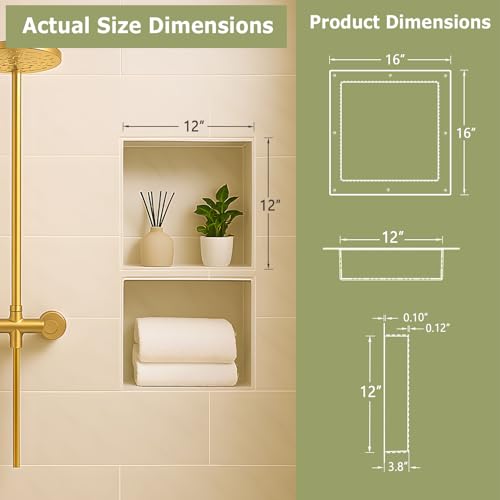 Suteck 16"x16" Shower Niche, Single Shelf Square Tile-Ready Storage Box | 12"x12" Inner Space,100% Waterproof ABS, Over/Flush Mount, Vertical/Horizontal | Multi-Scene For Bathroom, Kitchen, Bookshelf - size: 16"x16"