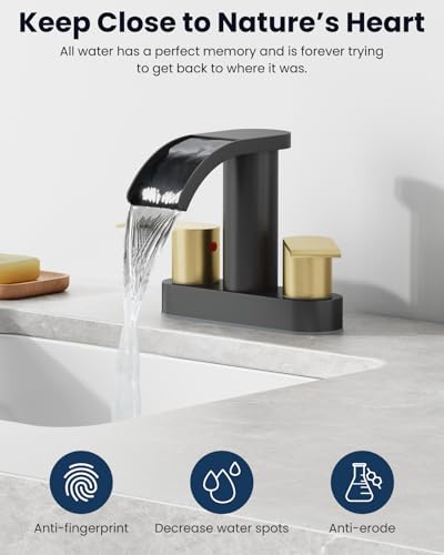 gotonovo 4’’ Centerset Bathroom Sink Faucet Waterfall Black&Brushed Gold | SUS304 Bathroom Faucet,2.17’’ Wide Spout,24’’ cUPC Water Line,Pop up Drain,2 Handle,Basin,Vanity,RV,Lavatory 2 or 3 Hole Sink - color: Black&Gold