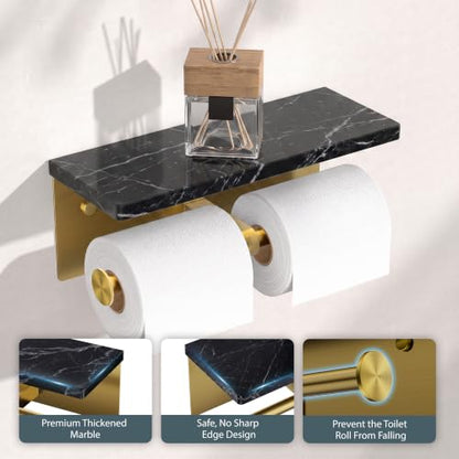FORIOUS Toilet Paper Holder with Shelf, Commercial Toilet Paper Dispensers | Brushed Gold | Wall Mount Bathroom Tissue Holder | SUS304 Stainless Steel Rustproof | Double Tissue Roll Holder - color: Gold-marble