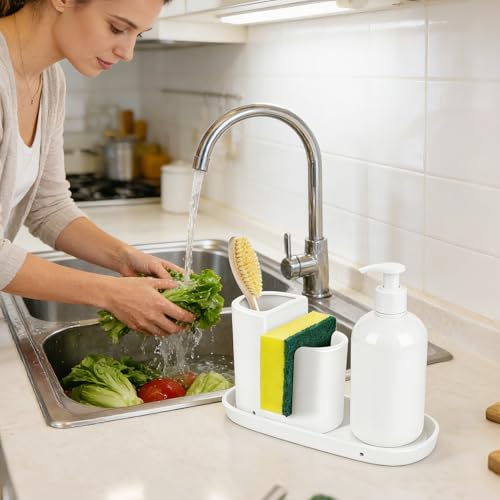 Ceramic Kitchen Sink Organizer Sponge Holder and Dish Brush Holder and Soap Tray for Kitchen Sink Organizer, White - color: White