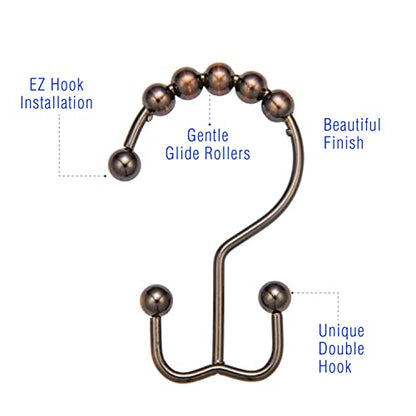 2lbDepot Shower Curtain Rings Hooks - Bronze Finish - Premium 18/8 Stainless Steel - Oil Rubbed Double Hooks with Easy Glide Rollers Rust Resistant - Six Finishes Available - Set of 12 for Shower Rod - color: Oil Rubbed Bronze