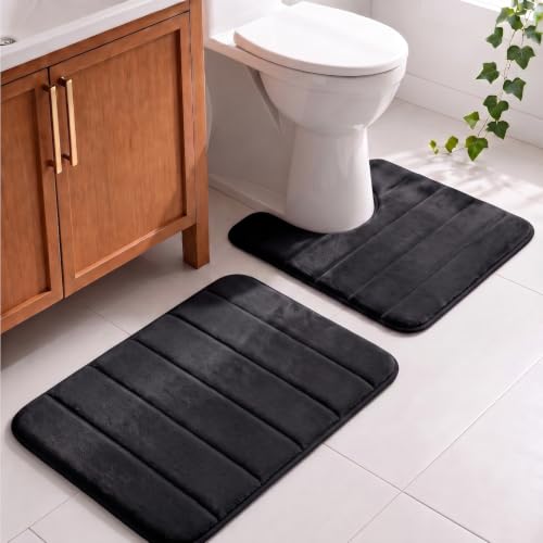 Memory Foam Bathroom Rugs Sets 2 Piece - Super Soft Absorbent Quick Dry Memory Foam Bathroom Rugs, Machine Washable Non Slip Floor Carpet for Tub Shower & Single Sink 16x24 & 20x20,(Black) - color: Black