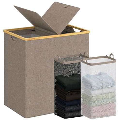 efluky Laundry Hamper with Lid, Double Laundry Basket with 2 Removable Bags, 2 Section Laundry Bin with Bamboo Handles for Bathroom, Bedroom & Laundry Room, 140L (36.9 Gallon) Brown - color: Brown, size: 140L Dual