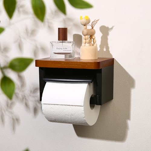 Black and Wood Toilet Paper Holder with Shelf, Natural Wood Wall Mounted Toilet Paper Holder, Rustic Dark Toilet Paper Holder - color: Wood Brown&black, size: Single