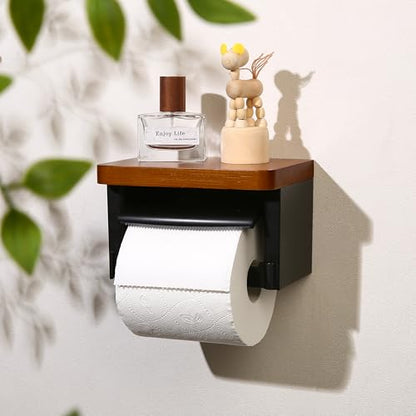 Black and Wood Toilet Paper Holder with Shelf, Natural Wood Wall Mounted Toilet Paper Holder, Rustic Dark Toilet Paper Holder - color: Wood Brown&black, size: Single