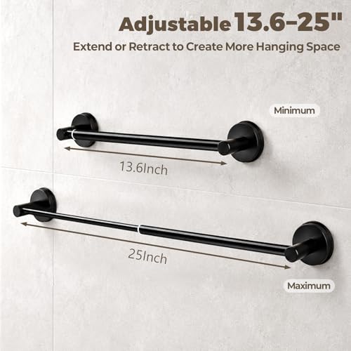 Adjustable Suction Cup Towel Bar – Towel Racks for Bathroom, 13.6-25 Inch, Stainless Steel Bathroom Towel Holder with 4 S Hooks, No Drill for Kitchen, Shower & Smooth Surfaces – Black - color: Black