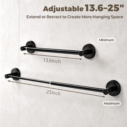 Adjustable Suction Cup Towel Bar – Towel Racks for Bathroom, 13.6-25 Inch, Stainless Steel Bathroom Towel Holder with 4 S Hooks, No Drill for Kitchen, Shower & Smooth Surfaces – Black - color: Black