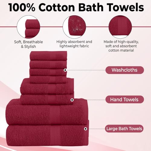 QUBA LINEN Pack of 8 Towels Set, 2 Large Bath Towels, 2 Hand Towels, 4 Wash Cloths, 100% Cotton, Lighter Weight, Quicker to Dry, Super Absorbent, Perfect for Bathroom (Burgandy) - color: Burgandy