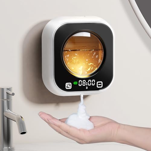 Automatic Soap Dispenser Touchless, Wall Mount, Rechargeable, Mood Lighting | 5 Adjustable Foam Levels, IPX5 Waterproof, LED Clock, 320ML, Hand & Dish Soap for Bathroom Kitchen, White - color: Foam White