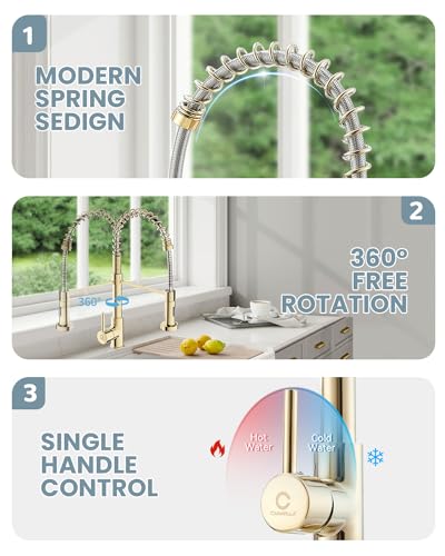 Kitchen Faucet, Commercial Kitchen Sink Faucets with Pull Down Sprayer, Stainless Steel Faucets for Kitchen Sinks, Dual Function Spray Head, Single Handle Spring Kitchen Faucets -Gold - color: D-PVD Gold, style: Classic