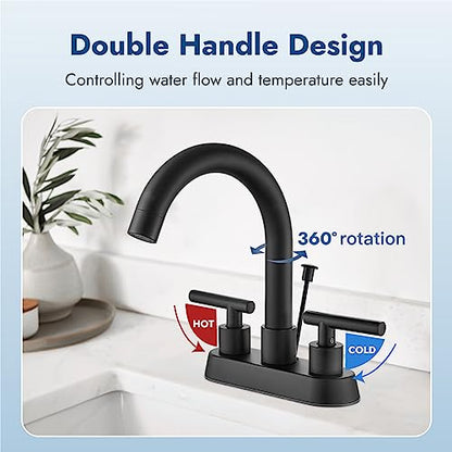 Bathroom Faucet with Lift Rod Drain,4 Inch Centerset 3 Hole,Matte Black | Two Handle Lead-Free SUS304 Stainless Steel Bathroom Sink Faucet with Lift Rod Drain & Supply Lines for RV & Farmhouse - color: Matte Black