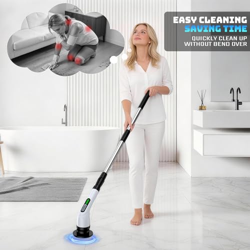 Electric Spin Scrubber, 2-Speed Cleaning Brush, Extendable Handle (White) | Includes 7 reusable brush heads and an IPX7-rated design for cleaning bathrooms, showers, kitchens, tile, floors, and grout - color: White