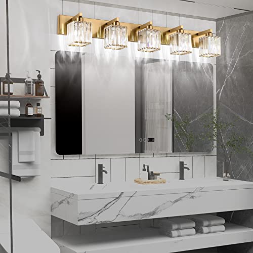 Aipsun Bathroom Vanity Lights Fixtures Crystal Vanity Light 5 Light Modern Brass Bathroom Lighting Fixtures (Exclude Bulb) - color: Gold, size: 40 inch