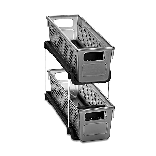 madesmart Premium Small 2 Tier Organizer, Under Cabinet Storage with Sliding Drawers, for Cleaning Supplies, Pantry, Sponges, Bottles, Adjustable Dividers & Pull Out Sliding Baskets, Carbon