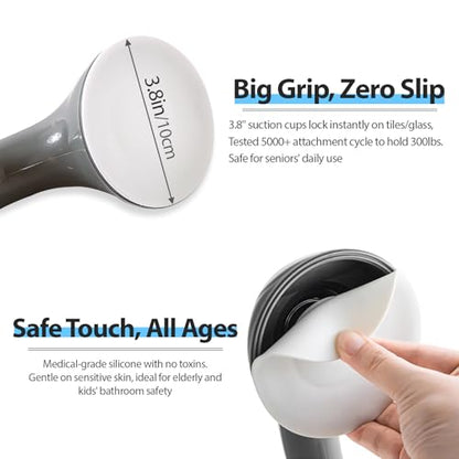 12" Grab Bars for Shower & Bathtub, 2-Pack Strong Suction Removable Shower Handles for Elderly Seniors Handicap – No Drilling Safety Grab Bar Replacement for Bathroom Wall, Grey
