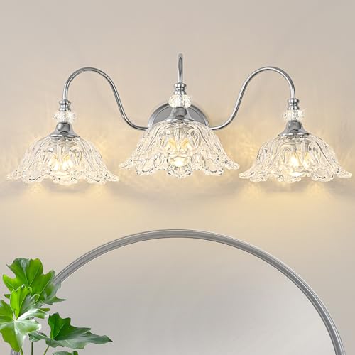 Brushed Chrome 3-Light Bathroom Vanity Light with Floral Clear Glass Shades, Modern Wall Mount Lighting for Bathroom, Dressing Table - color: Chrome, size: 3-Light