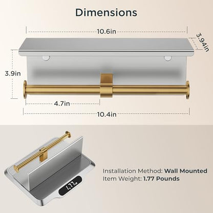 FORIOUS Toilet Paper Holder with Shelf, Commercial Toilet Paper Dispensers | Stainless Steel & Gold | Wall Mount Bathroom Tissue Holder | SUS304 Stainless Steel Rustproof | Double Tissue Roll Holder - color: Stainless Steel & Brushed Gold