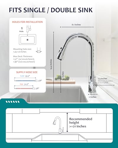 VFAUOSIT Kitchen Faucet with Pull Down Sprayer, Polished Chrome High Arc | 3 Spray Modes, 360° Swivel, Lead-Free SUS304 Steel, cUPC/CEC Certified, Fingerprint-Resistant Finish, Ceramic Disc Valve - color: Chrome