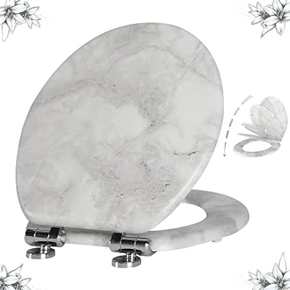 Angol Shiold ROUND Toilet Seat Molded Wood 16.5"(Gray Marble) | Quiet Close Quick Release Metal Hinges, Adjustable Fit for Standard Round Toilets, Easy to Install&Clean - color: Gray Marble-Round, size: Round-16.5“