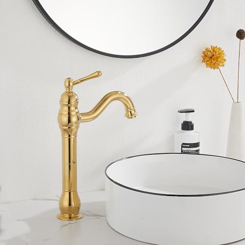 Single Handle Bathroom Vessel Sink Faucet, Polished Gold | 360° Swivel, Single-Handle One Hole, Matching Pop Up Drain, Farmhouse Style - color: Polished Gold, size: Vessel