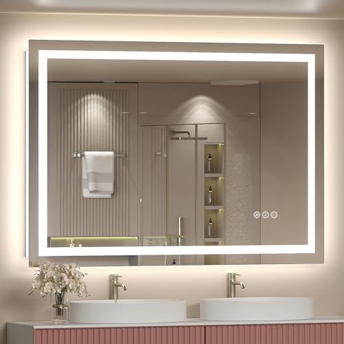 48x38 LED Lighted Bathroom Mirror for Vanity Wall | Front Light and Backlit, Anti-Fog, Memory, 3 Color, Tempered Glass, Dimmable, Rectangular, UL, Horizontal/ Vertical Mounted - color: Rectangular Led Bathroom Mirror, size: 48"L x 38"W