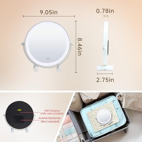 YEKKOPT Travel Vanity Mirror with Lights, 8" Small LED Makeup Mirror with Lights,360°Rotation Dimmable Portable Desk Round Mirror for Dressing Room & Bedroom,Folding Stand, White - size: 8"x8"