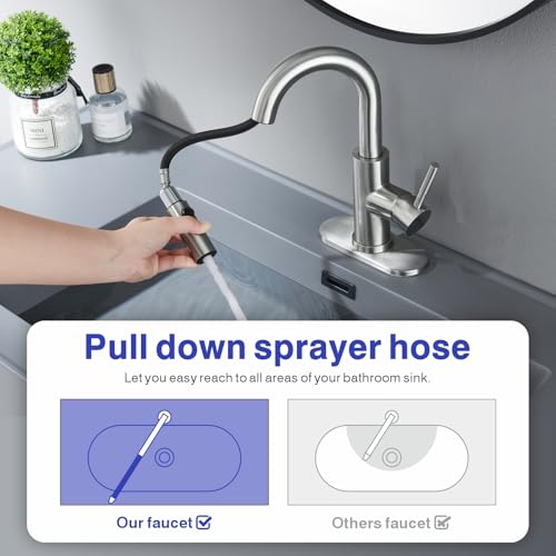 Bathroom Faucet with Sprayer, Brushed Nickel Single Hole with Pop-Up Drain | Kablle Single Handle Pull Out 1 or 3 Hole Laundry Bar Basin Faucet with Deck Plate, KBL-7002BN-CL - color: Brushed Nickel