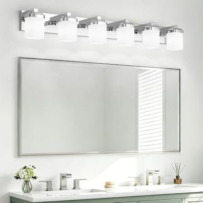 45 Inches Bathroom Vanity Light, 6-Light Chrome Bathroom Light Fixtures Over Mirror, Bathroom Light Shower Lamp with Milky White Square Glass Shade, Modern Farmhouse Lighting Fixtures - color: Chrome, size: 45 Inch : 6-lights