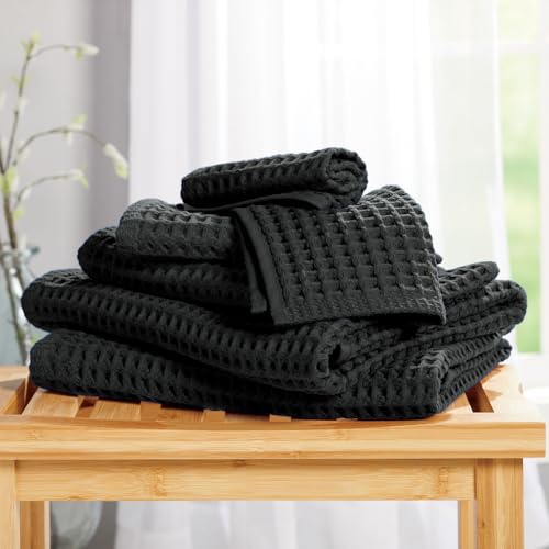 Stoneberry Home® 6-Piece Waffle Towel Set Cotton Black - color: Black