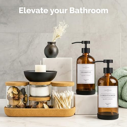 Vine Creations Amber Glass Soap Dispenser Set - Kitchen Soap Dispenser Set with Stainless Steel Pump - 16 oz Dish Soap and Hand Soap Dispensers for Bathroom with Silicone Pad & Waterproof Labels - color: Amber Bottle / Matte Black Flat-style Pump