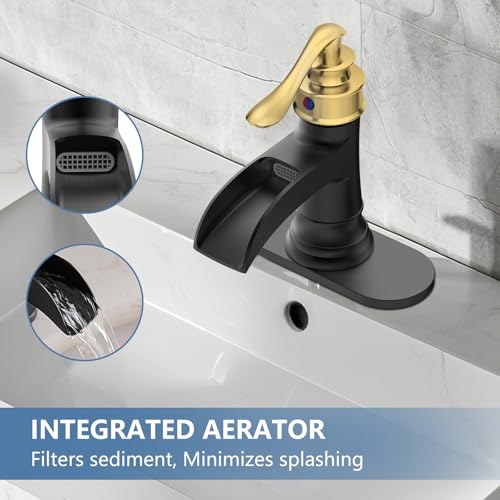 Bathroom Faucet Black and Gold Waterfall Bathroom Sink Faucets | Single Handle Rustic Vanity Farmhouse RV Faucet Suitable for 1 or 3 Holes with Pop-up Drain Deck Plate Hose by Homevacious - color: Gold & Black