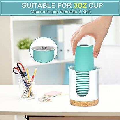 2 Pack Bathroom Cup Dispenser - Small Cup Holder and Mouthwash Cups Holder for 3 Oz Countertop - Convenient Paper Cup Dispenser - Bamboo Wood Base Bathroom Cup Holder（White） - color: White/Bamboo, size: 3 OZ