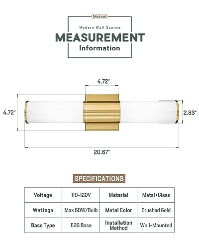 Bathroom Light Fixtures, 2-Light Vanity Lights for Mirror with Milk Glass Shade, Brushed Gold Wall Sconces Up and Down Wall Lamp for Bathroom Bedroom Hallway, VL834-BG-ML | Modern bathroom wall sconces, vertical/horizontal mounting, E26 base, hardwired, b