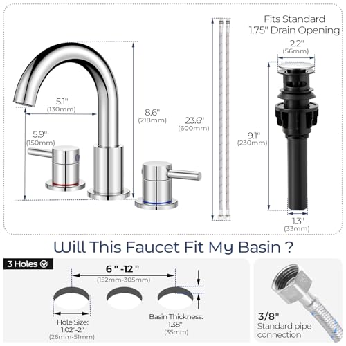 Bathroom Sink Faucet 3 Hole Chrome, 2-Handle Widespread Faucet | Lead-free stainless steel, pop-up drain, Detachable faucet aerator, 360°swivel, for RV & vanity sink 3-hole mount - color: 1-Chrome, style: 8 Inch Widespread